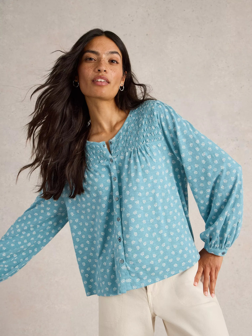 WHITE STUFF DANIELLA SHIRRED CREW NECK TOP