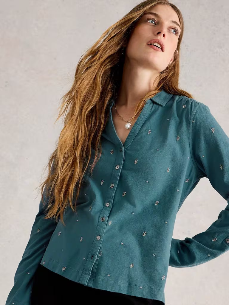 WHITE STUFF ANNIE EMBROIDERED JERSEY COLLARED SHIRT